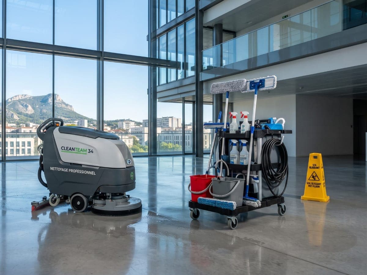 Autolaveuse Clean Team 34 et chariot de ménage sur le sol mouillé d'un grand hall vitré, panneau « sol glissant » à côté